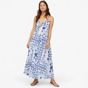 H&M Blue White Gauzy Floral Empire Waist Spaghetti Strap Romantic Maxi Dress